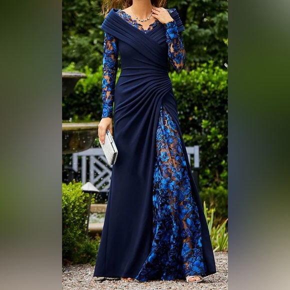 Tadashi Shoji Elegant Navy and Blue Floral Lace Gown - Picture 3 of 5